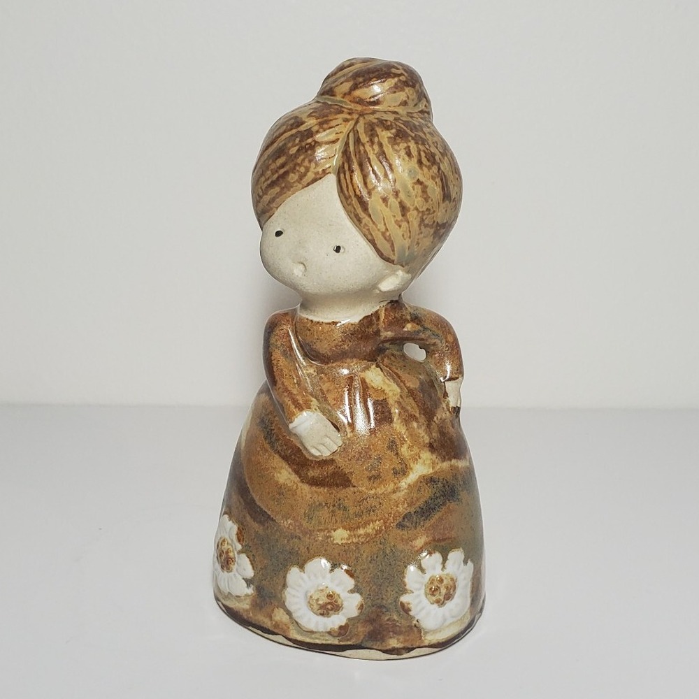Vintage UCTCI Japan Stoneware Pottery Girl Bell Figurine Mid Century Drip Glaze‎